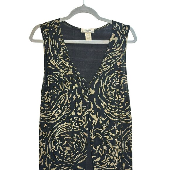 Vintage Society Sleeveless Top – Black & Tan Abstract Print Split-Front Blouse - Picture 2 of 8